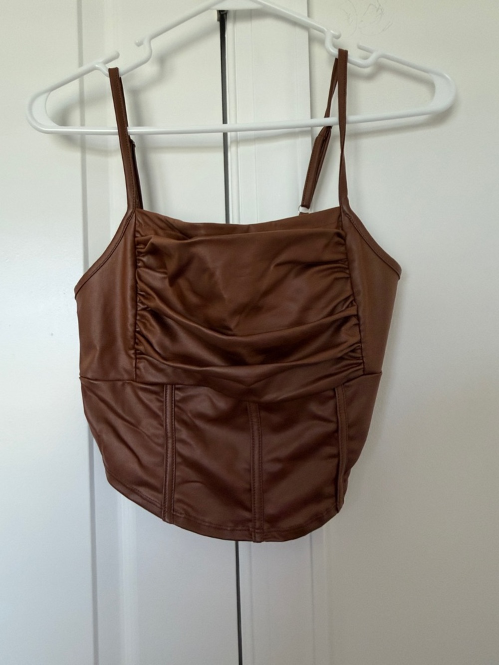 SHEIN Brown Faux Leather Ruched Crop Cami